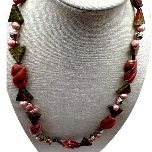 Handcrafted Unakite Pink Opal Pink Pearls & Cloisonné Beads Necklace.   B50 - Picture 3 of 16